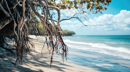 Vibrant beach scene with hanging vines showcasing natural beauty and serene seascape under a clear blue sky.
