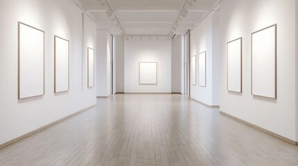 Obraz premium The white art gallery interior features a minimalist design with mock-up posters displayed on the walls.