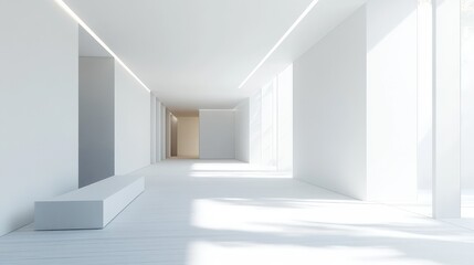 Obraz premium The white art gallery interior features a minimalist design with mock-up posters displayed on the walls.