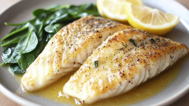 Two cooked white fish fillets served with spinach and lemon wedges. Healthy and delicious seafood meal.