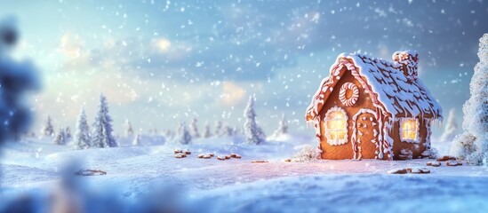 Winter Wonderland Scene Featuring a Charming Gingerbread House Surrounded by Snowy Trees and Cookies with Soft Focus for Text Overlay
