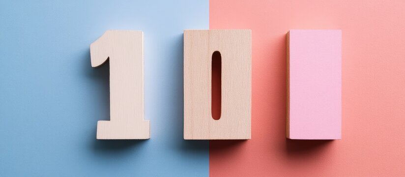 Minimalist wooden numerals 101 on pastel blue and pink background with ample negative space for customizable text or message