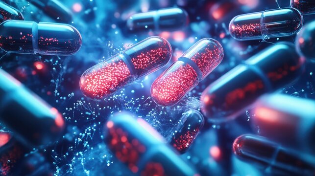 Abstract Representation of Drug Delivery Nanocapsules with Red and Cyan Color Scheme in Advanced Technology Background