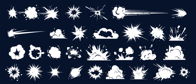 Energy explosion silhouette. Dynamic boom comic style flame smoke clouds bursts, action speed power flash game effects vector illustration