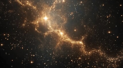 Obraz premium Majestic Dark Cosmic Landscape Featuring Twinkling Golden Stars and a Distant Colorful Galaxy in the Depths of Space