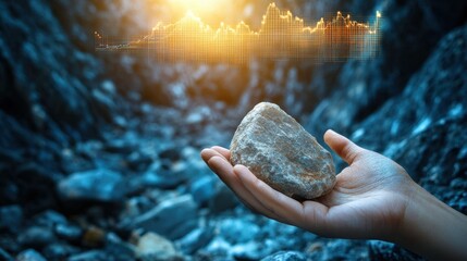 Hand Holding Stone with Digital Data Overlay in Nature Background