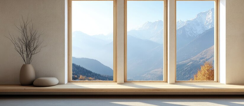 Fototapeta Serene minimalist hotel interior featuring rustic wooden windows with a breathtaking neutral mountain view and ample empty copy space for creative text.