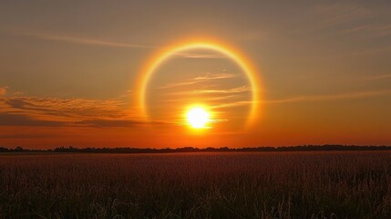 Stunning Sunset with Halo Effect Surrounding the Sun over a Serene Landscape in Warm Golden Tones