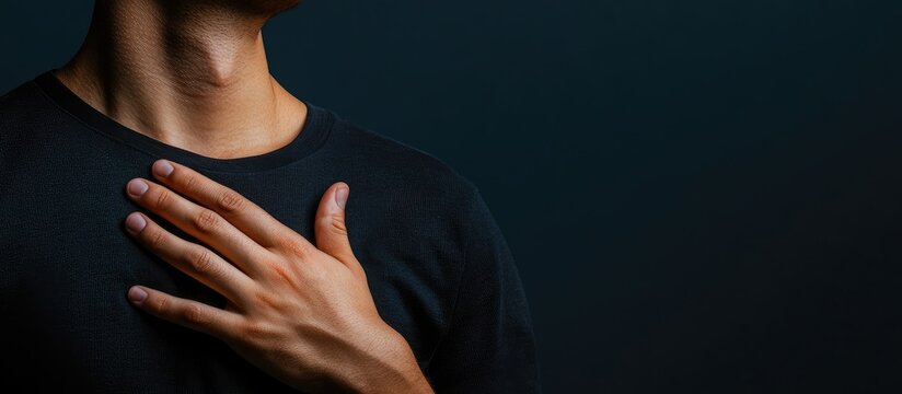 Male hand resting on chest in dark background, providing ample empty space for text, conveying emotion, vulnerability, and communication themes