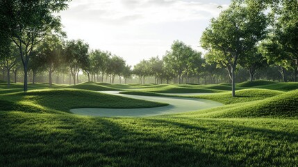 Naklejka premium Serene golf course landscape featuring lush green hills and winding water features under a clear sky and dappled sunlight