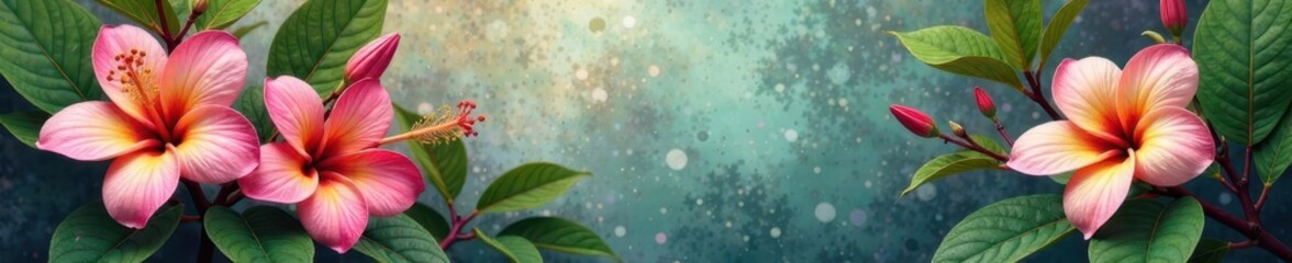 Fototapeta premium Softly focused plumeria blooms amidst a mix of greenery and abstract textures, abstract background, flowers, hibiscus
