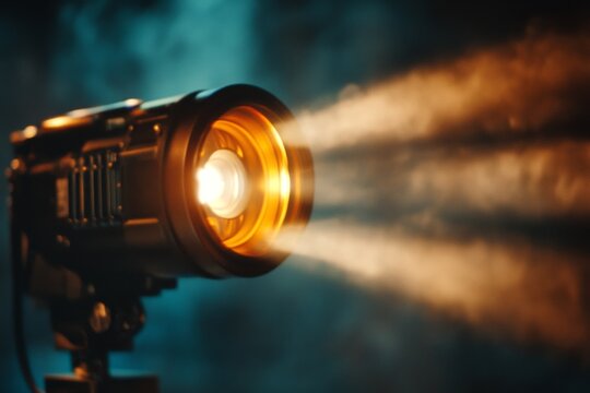 A xenon arc lamp used in a theater projector, emitting intense white light onto a screen