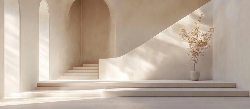Minimalist living room interior featuring soft beige tones and natural light, showcasing elegant architectural details and a serene empty space for text.