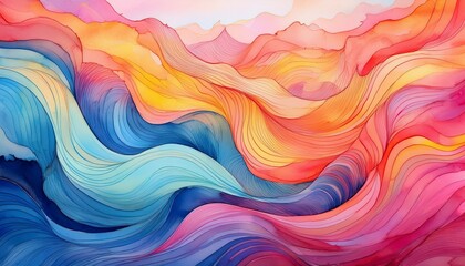 Obraz premium vibrant abstract watercolor waves in pink blue orange and yellow hues