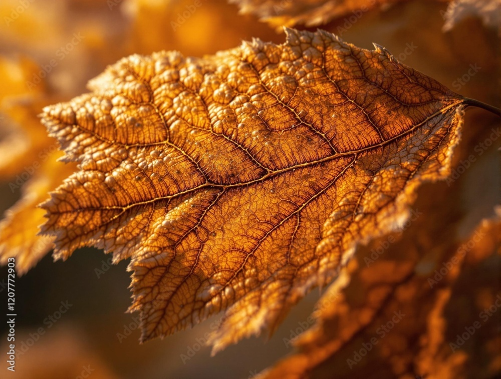 Poster a close-up of an autumn leaf with intricate veins and a warm, orange-brown color. the background is 