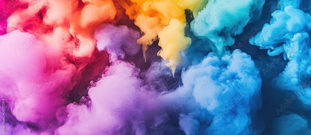 Wall mural vibrant multicolored smoke billowing across a dark background with ample negative space for custom t