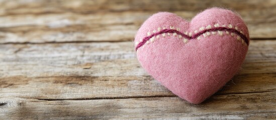 Handmade pink felt heart craft perfect for Valentine's Day with space for personalized text or message on rustic wooden background