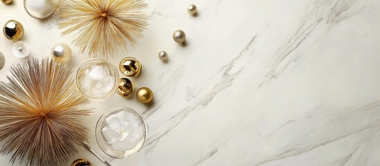 Elegant Gold and White Themed New Year's Eve Cocktail Party Flat Lay with Festive Decorations and Fireworks on Marble Background Ideal for Celebratory Text