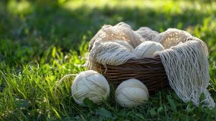 Basker with balls of yarn and coil resting on vibrant green grass in natural outdoor setting suitable for crafting and home decor themes