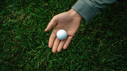 Golfer's hand gripping a golf ball on lush green grass ready for the next shot with driver club poised nearby.