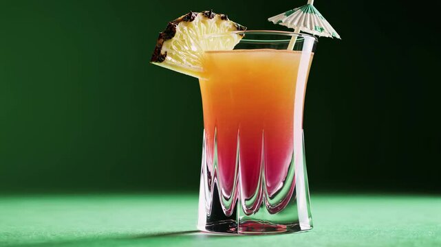 Refreshing tropical cocktail garnished with pineapple and umbrella against a vibrant green backdrop