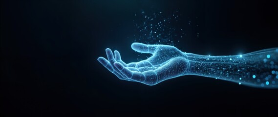Holographic-style luminous hand with blue radiance, surrounded by glowing particles, evoking the essence of future technology and digital innovation.