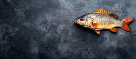 Freshwater perch fish in vibrant colors resting on a textured dark slate background with ample empty space for culinary text and design elements