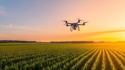 High-Tech Drone Monitoring Cornfield at Sunset in Precision Agriculture