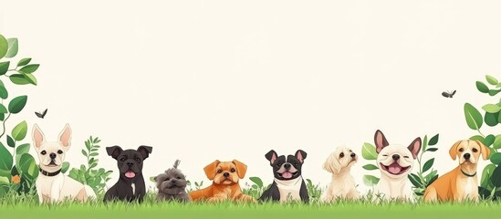 Fototapeta premium Cheerful Northern Dog Breeds Relaxing on Vibrant Green Grass in Summer Park with Soft Beige Background for Text Placement