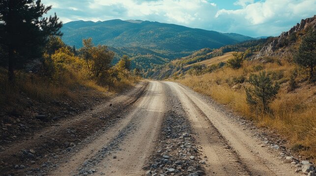 Rugged mountain dirt road ideal for off-road adventures and rallying surrounded by scenic hills and greenery under a blue sky