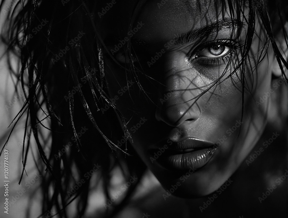 Poster a black and white photograph of a person with wet hair and a focused gaze, creating a dramatic and i