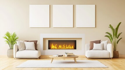 Fototapeta premium Three empty canvases are arranged on a beige wall, providing a versatile backdrop for future artwork or decoration.