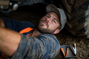 A focused mechanic is inspecting a muddy tractor, showcasing the importance of maintenance in agriculture. The image highlights dedication and hard work in farming.