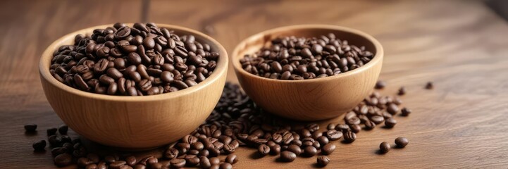 Fototapeta premium Aromatic coffee beans in a bowl on a wooden table, decor, coffee, table