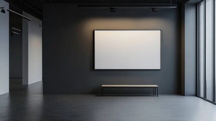 Contemporary minimalist interior featuring empty gray wall with a poster frame and bench in a spacious well-lit environment.