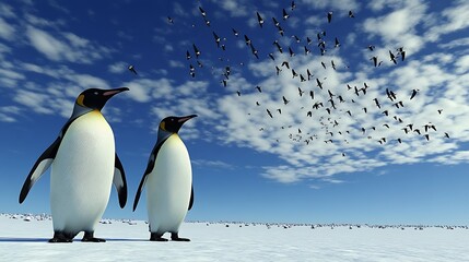 Obraz premium Two penguins are watching birds flying above the clouds