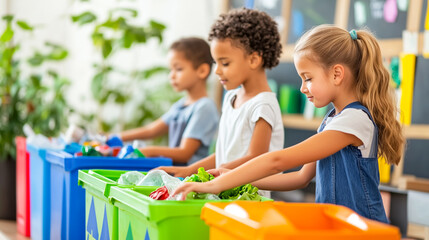 Obraz premium Children enthusiastically sort waste into colorful bins, promoting sustainability and environmental education through hands-on learning in an eco-conscious classroom activity.
