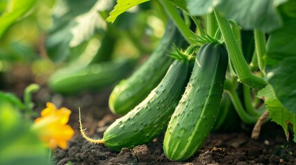 Obraz premium ripe cucumber fruit grows on a plant