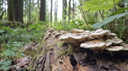Obraz premium Mushroom cluster thriving on decaying log surrounded by lush forest greenery and soft natural light