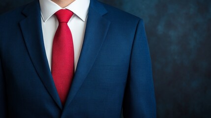Navy Suit Red Tie: A close-up shot of a man's navy blue suit and a vibrant red tie, exuding confidence, style, and professionalism. The image is perfect for showcasing business attire.