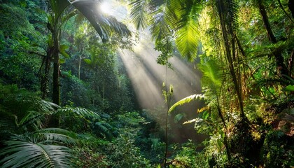 lush vibrant forest canopy with sunlit rays and evaporation in a tropical paradise