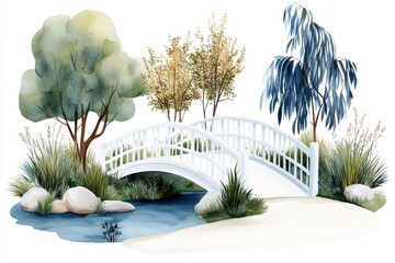 Whimsical white garden bridge surrounded by lush greenery and delicate trees, emphasizing peaceful landscapes, nature&rsquo;s harmony, and serene architectural design