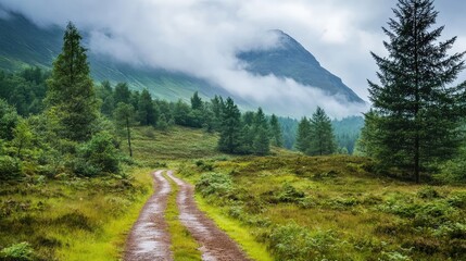 Fototapeta premium Lush green highland forest path winding through misty terrain with rugged mountains under cloudy sky in serene atmosphere
