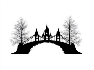 Fototapeta premium Black silhouette of a decorative bridge connecting trees and a castle like structure, symbolizing fantasy, architectural charm, and storybook landscapes for creative illustration