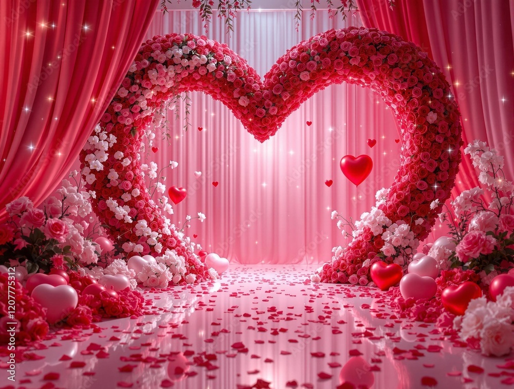 Leinwandbilder a large, three-dimensional heart-shaped structure made from red and pink flowers, with a pink curtai