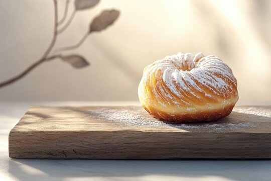 A delicious, powdered sugar-dusted cruller rests on a rustic wooden board, bathed in sunlight.