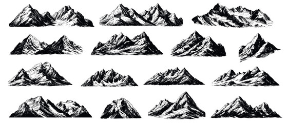 Naklejka premium Hand drawn mountain. Sketch peaks rocky hills range, nature adventure hiking travel panoramic landscapes set vector illustration