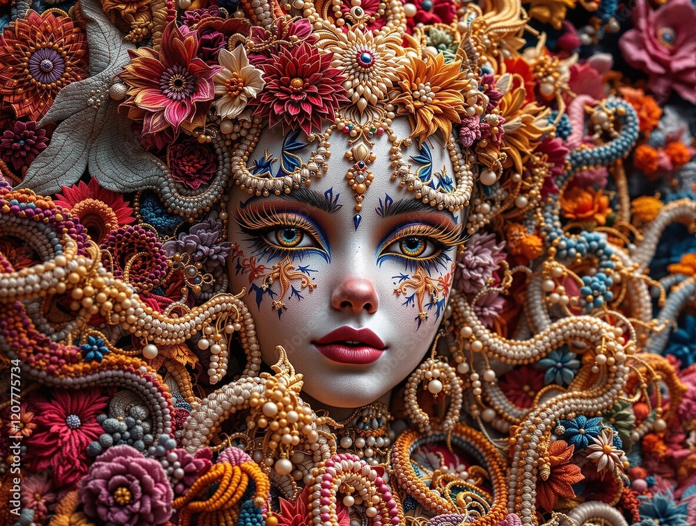 Poster a surreal artwork featuring a face adorned with intricate, colorful designs and surrounded by an arr