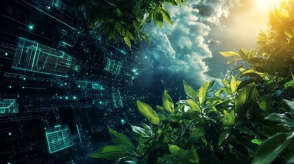 Fototapeta premium Harmony of Nature and Technology: Sustainable AI Energy Grid in Eco-Tech Futuristic Setting