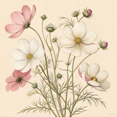Obraz premium Botanical illustration, cosmos flowers, white and pink petals, delicate stems, light beige background,
